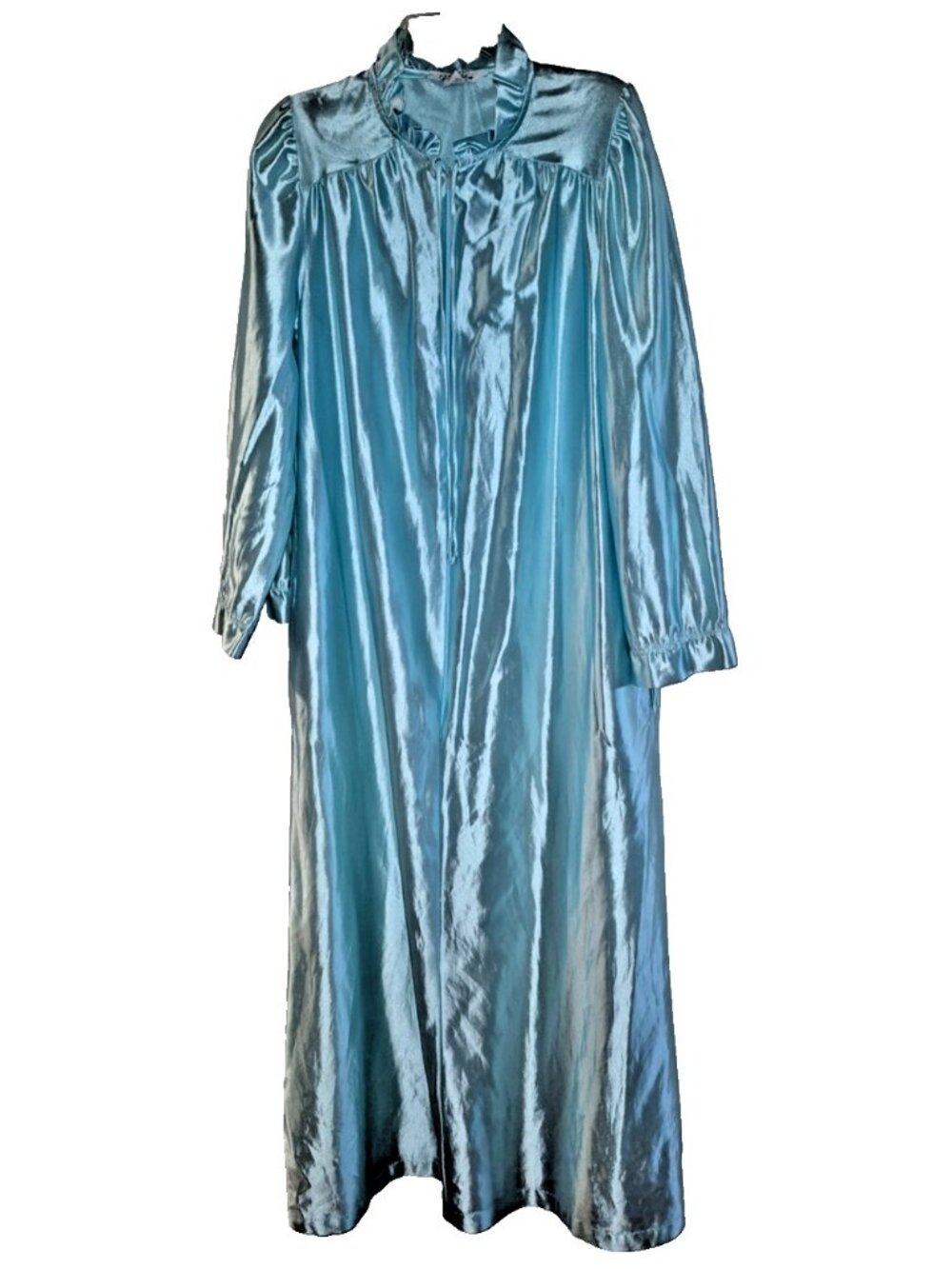 Vintage Sears at HomeWear Nightgown Medium Blue Satin-y Zip Long Sleeve USA Made